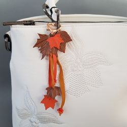 Orange maple Leaf Keychain Leather tassel charm Leather Pendant, art 11