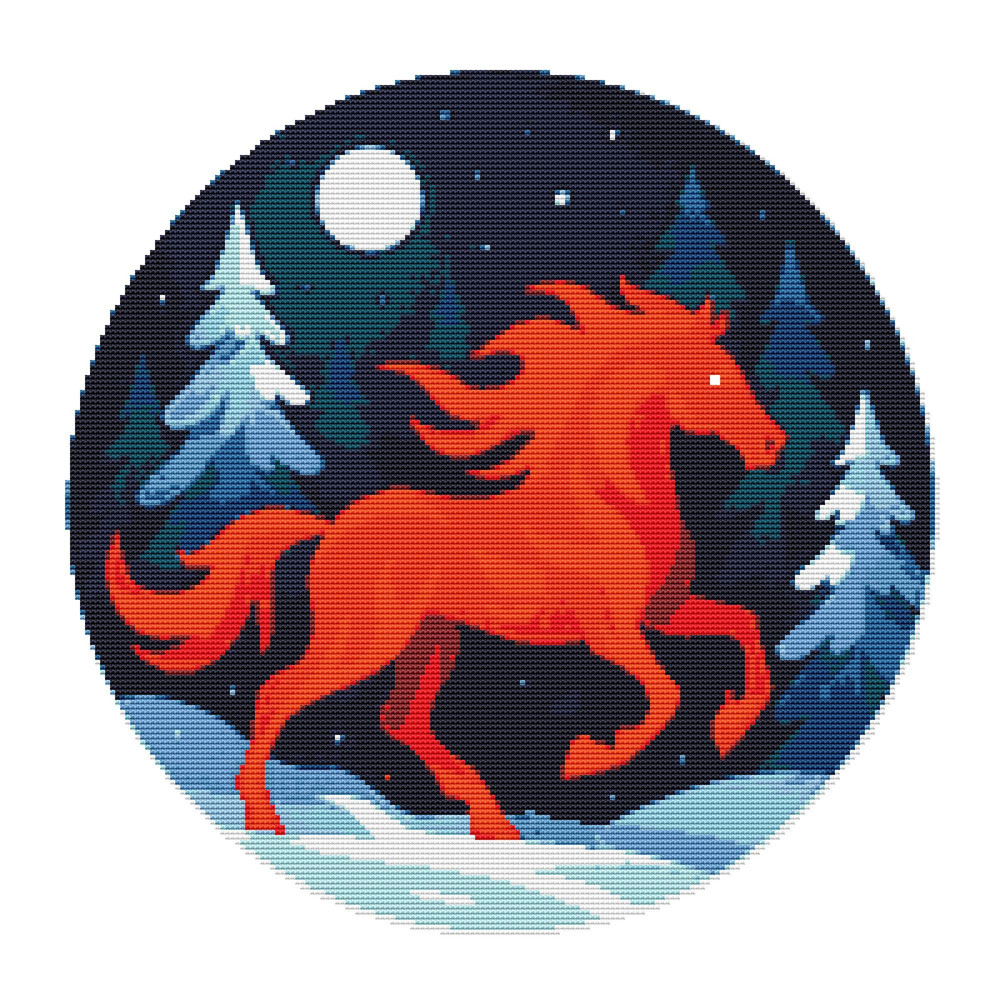 Red Fire Horse Runs In The Forest At Night Symbol Of 2026 Cross Stitch Pattern 0