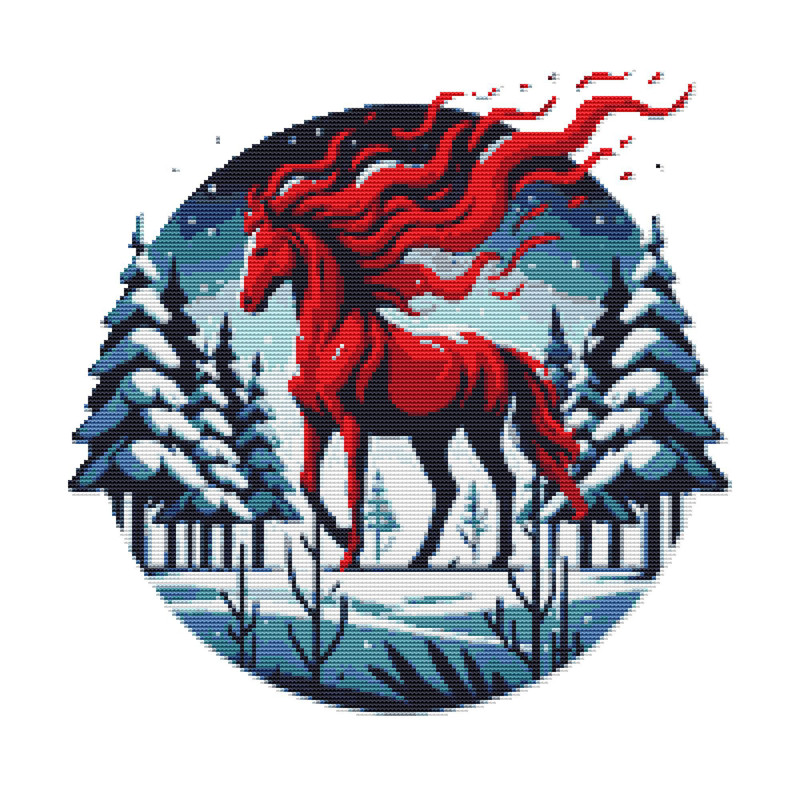 Red Fiery Horse In A Snowy Forest Symbol Of 2026 Cross Stitch Pattern PDF 0
