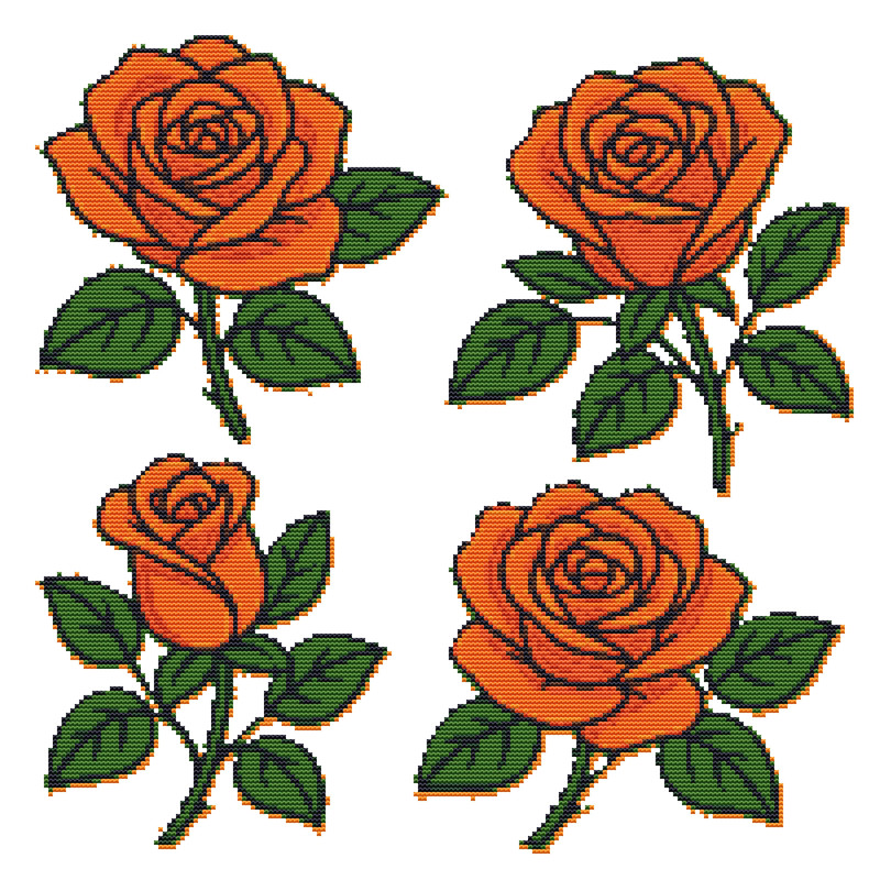 Orange Roses With Green Leaves Crossstitch Pattern PDF Instant Download 0
