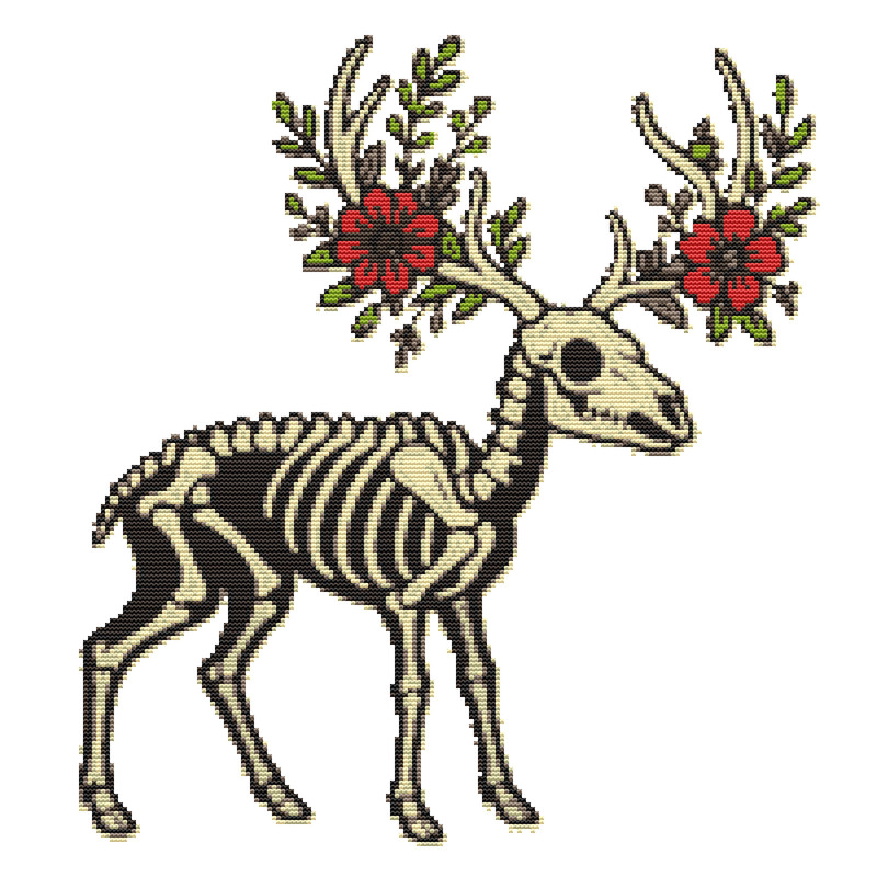 A Deer Skeleton With Flowers On Its Antlers Crossstitch Pattern PDF Instant Download 0