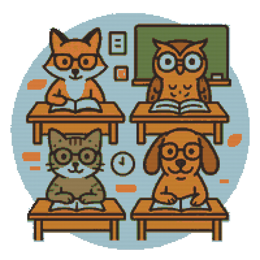 Animals At School Desks Crossstitch Pattern PDF Instant Download 0