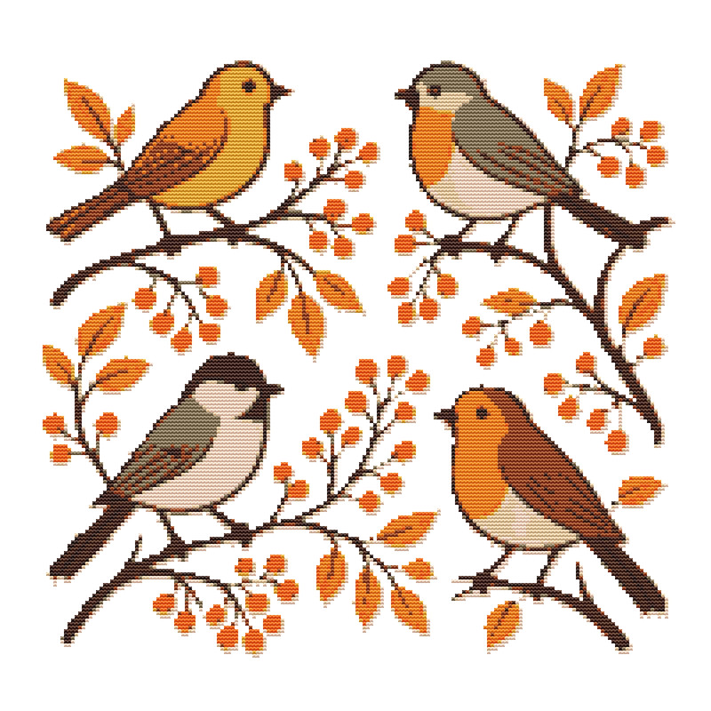 Birds On Branches In Autumn Crossstitch Pattern PDF Instant Download 0