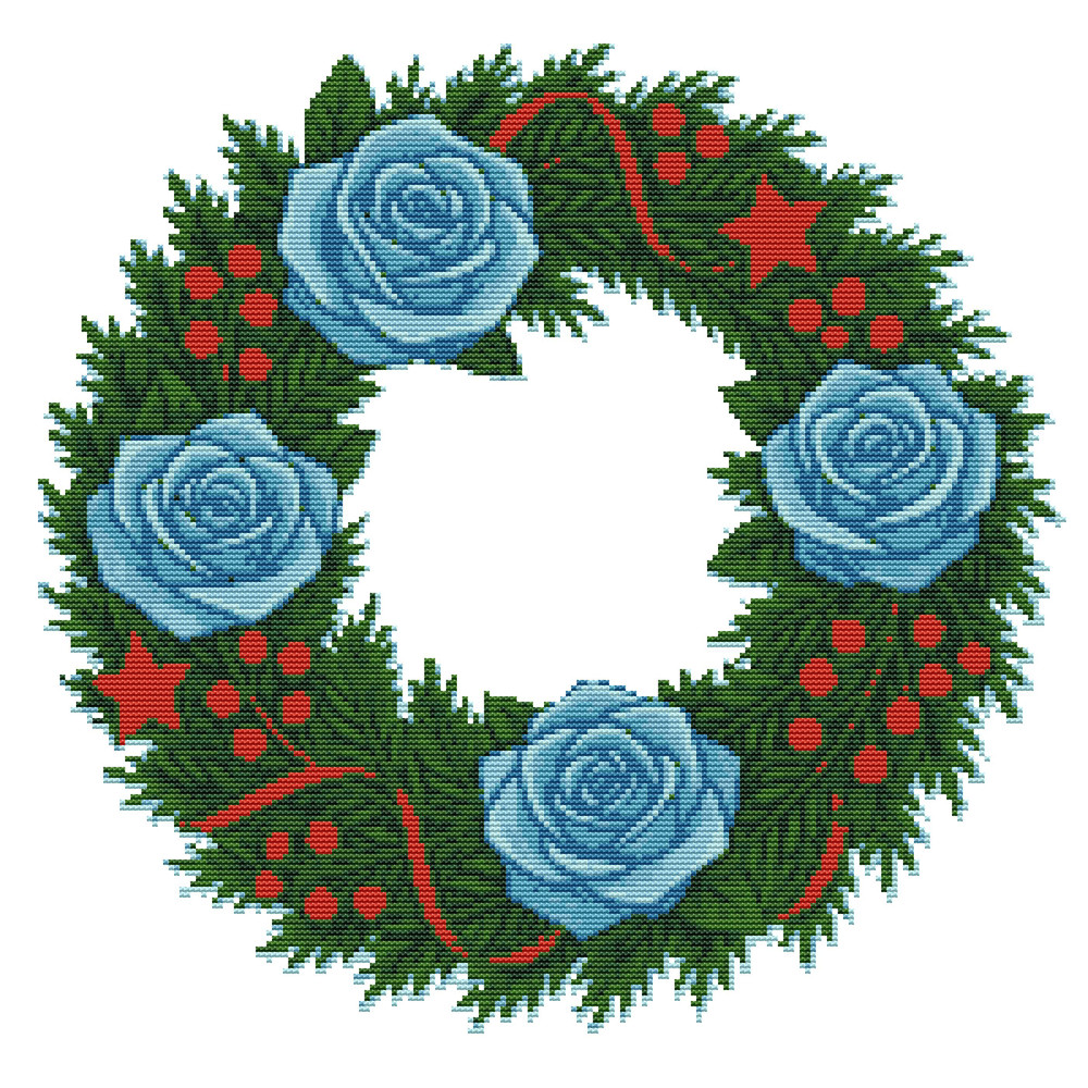 Christmas Wreath With Blue Roses Crossstitch Pattern PDF Instant Download 0