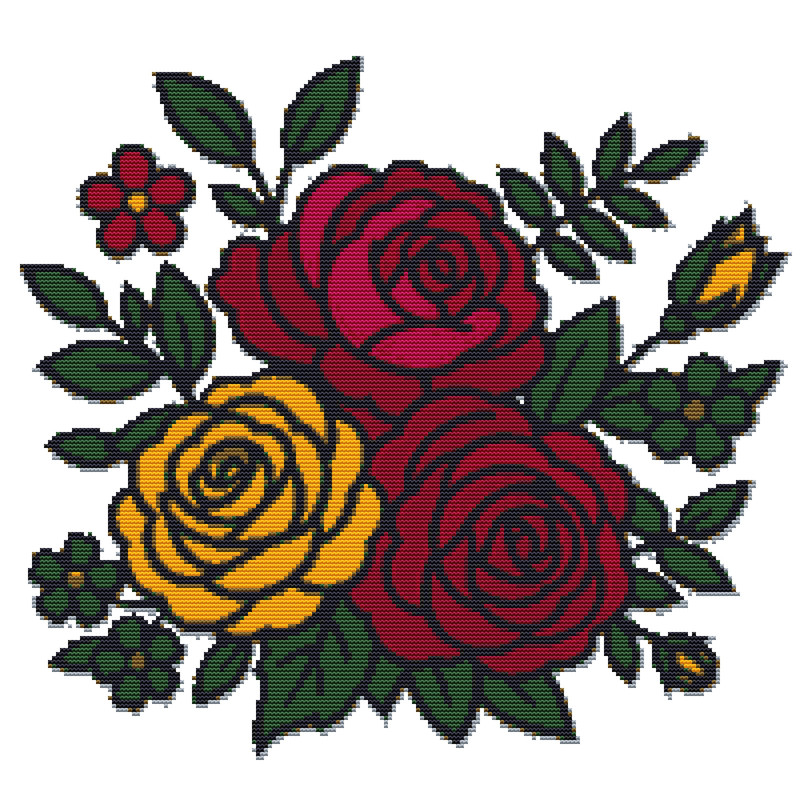 Floral Pattern With Yellow And Red Roses Crossstitch Pattern PDF Instant Download 0