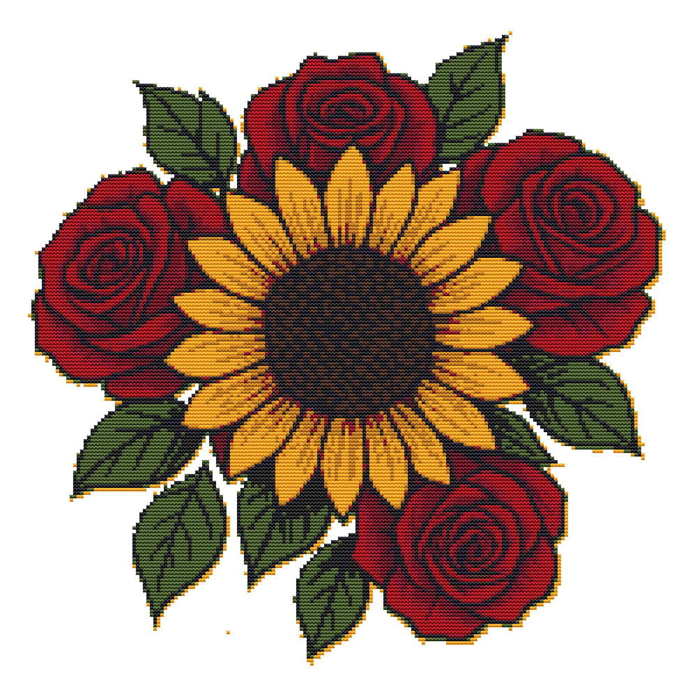 Sunflower And Red Roses Crossstitch Pattern PDF Instant Download 0