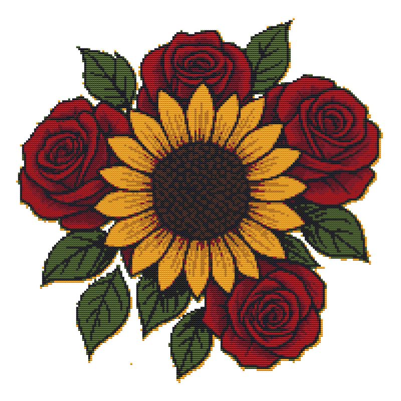 Sunflower And Red Roses Crossstitch Pattern PDF Instant Download 0