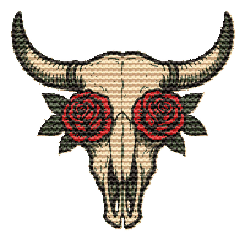 A Bulls Skull With Roses In Its Eye Sockets Cross Stitch Pattern PDF Instant Download 0