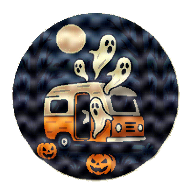 A Campervan In The Woods For Halloween  Cross Stitch Pattern PDF  Instant Download 0