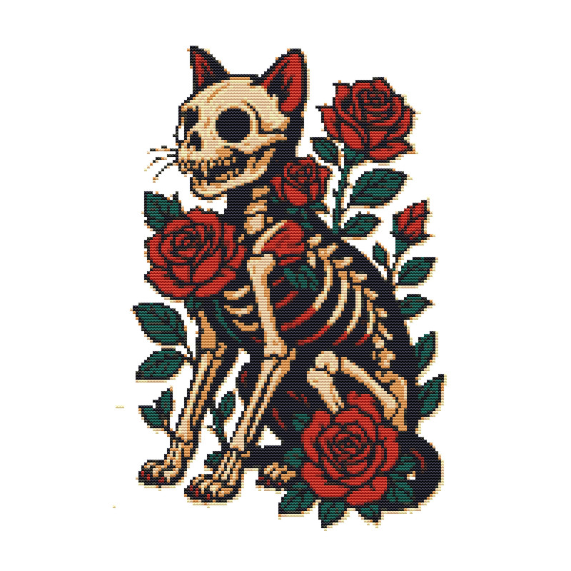 A Cat Skeleton With Red Roses Cross Stitch Pattern PDF Instant Download 0