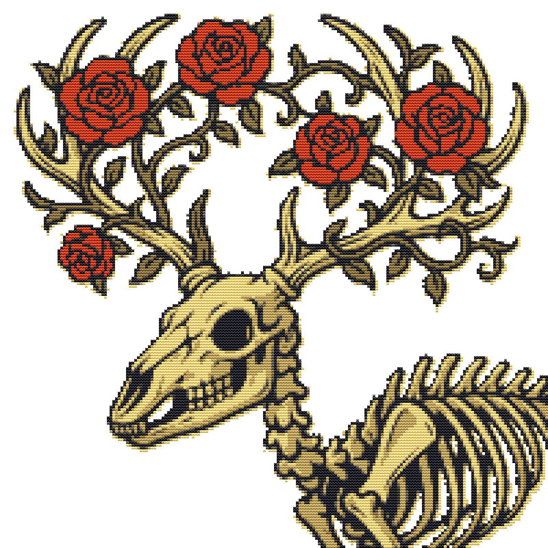 A Deer Skeleton With Roses In Its Antlers Cross Stitch Pattern PDF Instant Download 0