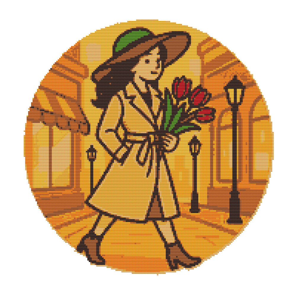 A Girl With Flowers Walks Through The City Cross Stitch Pattern PDF Instant Download 0