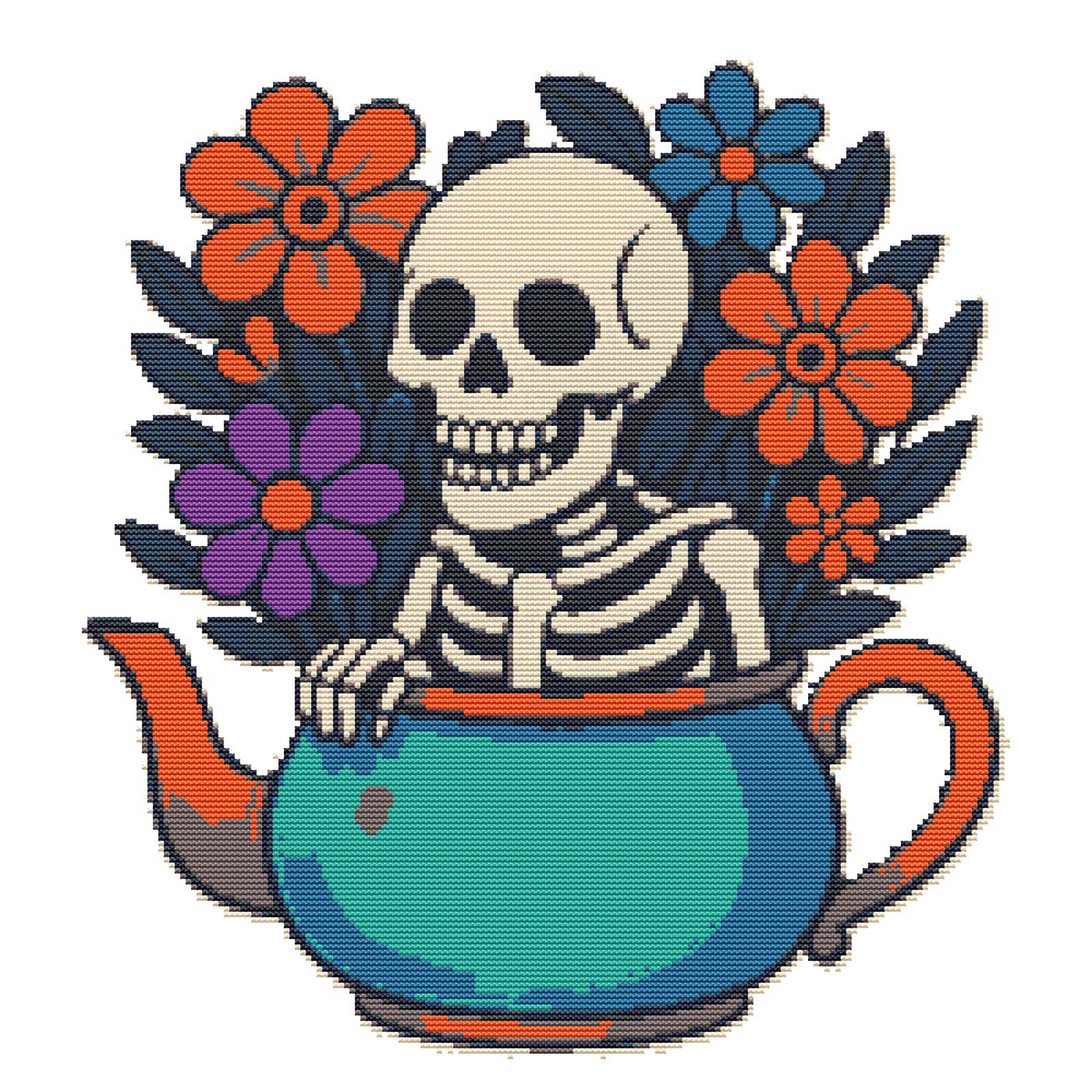 A Skeleton Emerges From A Teapot Cross Stitch Pattern PDF Instant Download 0