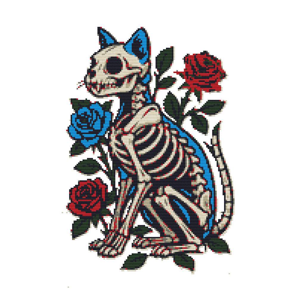 Cat Skeleton With Blue And Red Roses Cross Stitch Pattern PDF Instant Download 0