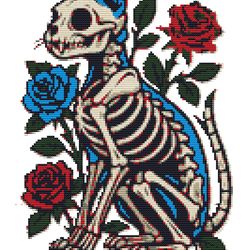 cat skeleton with blue and red roses - cross stitch pattern pdf - instant download