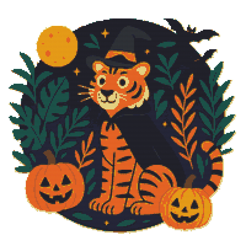 Halloween Tiger With Pumpkins Cross Stitch Pattern PDF Instant Download 0