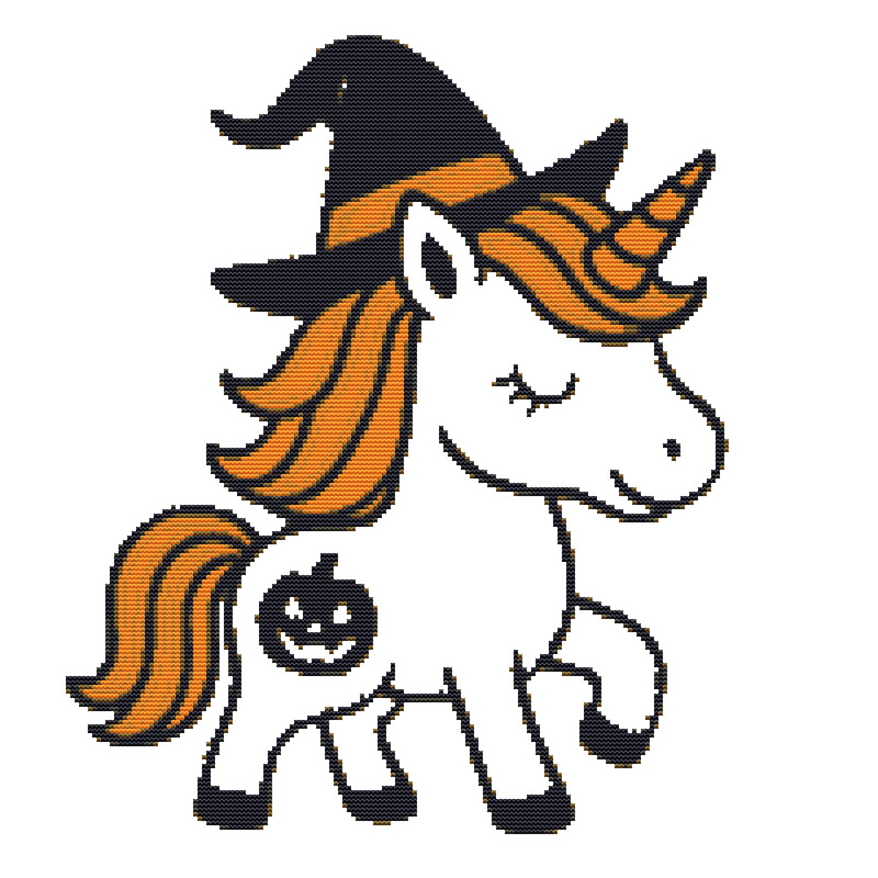 Halloween Unicorn In Black Hat Cross Stitch Pattern PDF Instant Download 0