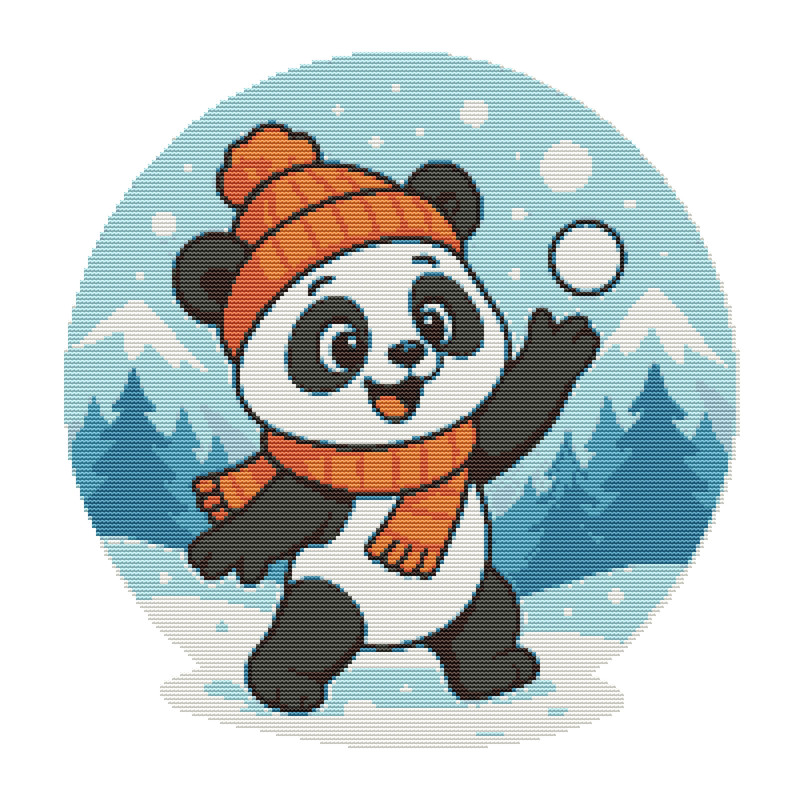 Panda Plays Snowballs In Winter  Cross Stitch Pattern PDF  Instant Download 0