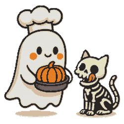ghost bakes pumpkin cake for halloween - cross stitch pattern pdf - instant download