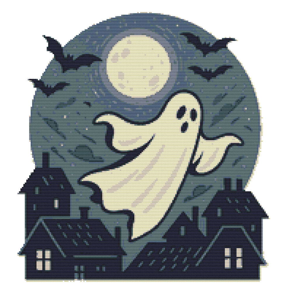 Ghost Flies Over The City Halloween Cross Stitch Pattern PDF Instant Download 0