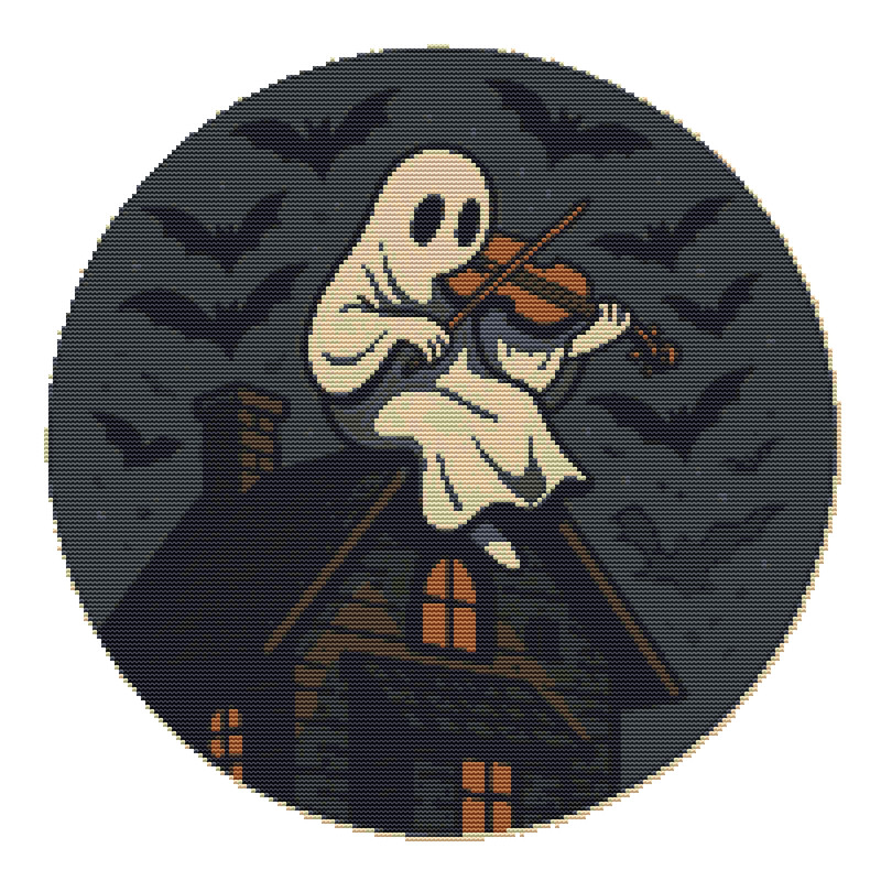 Ghost Plays Violin On Halloween Cross Stitch Pattern PDF Instant Download 0