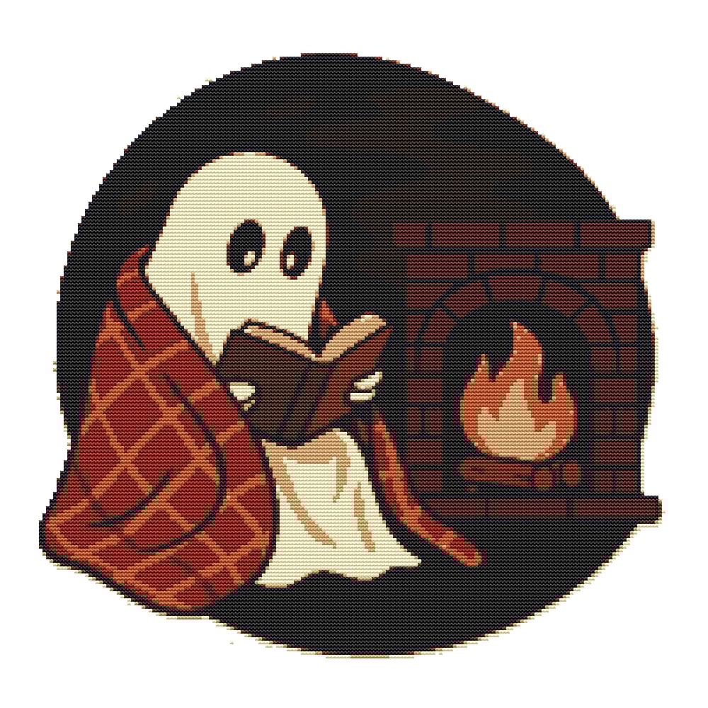 Ghost Reading A Book By The Fireplace On Halloween Cross Stitch Pattern PDF Instant Download 0