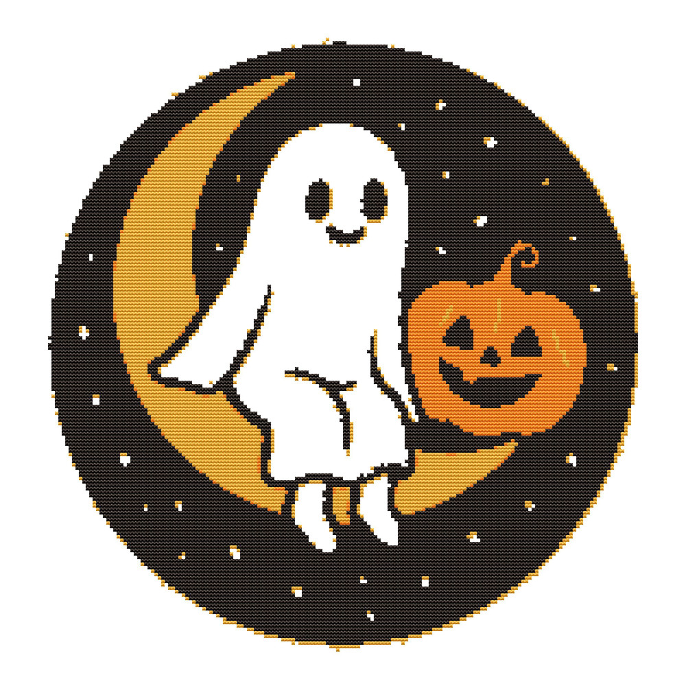 Ghost Relaxes On The Moon On Halloween Cross Stitch Pattern PDF Instant Download 0