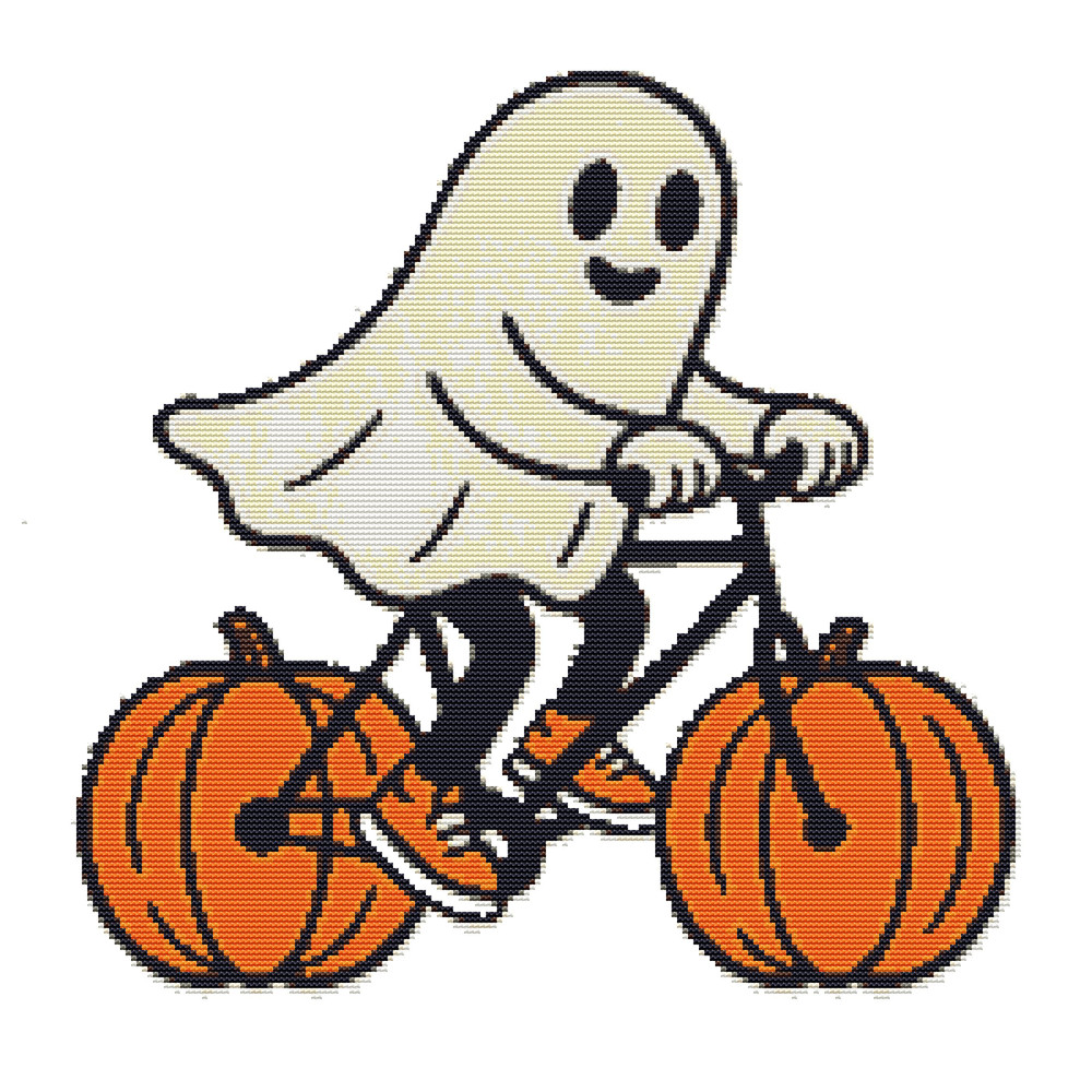 Ghost Rides A Bike On Halloween Cross Stitch Pattern PDF Instant Download 0