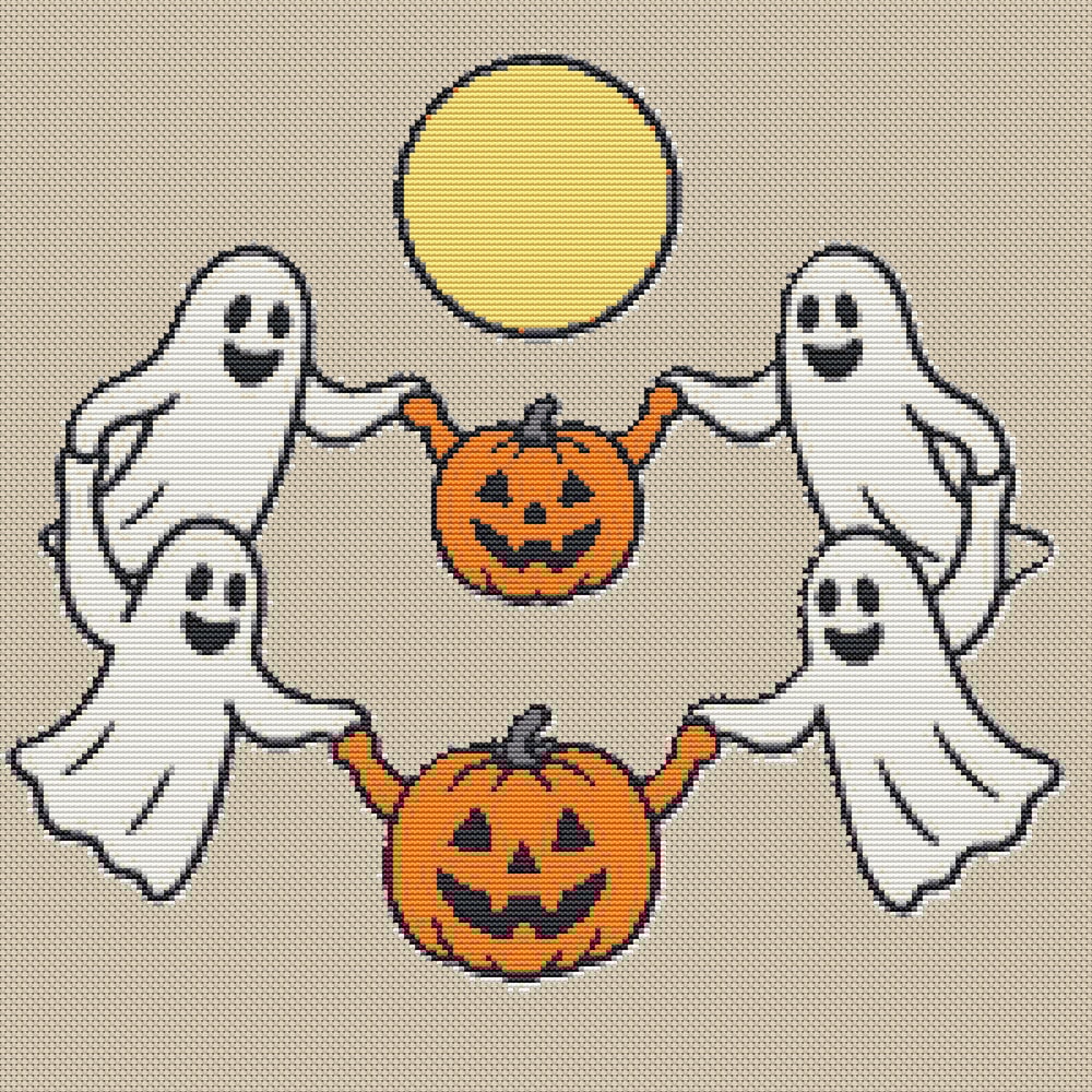 Ghosts And Pumpkins Dance Under The Moon On Halloween Cross Stitch Pattern PDF Instant Download 0
