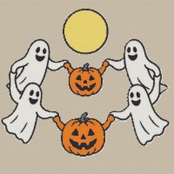 ghosts and pumpkins dance under the moon on halloween - cross stitch pattern pdf - instant download