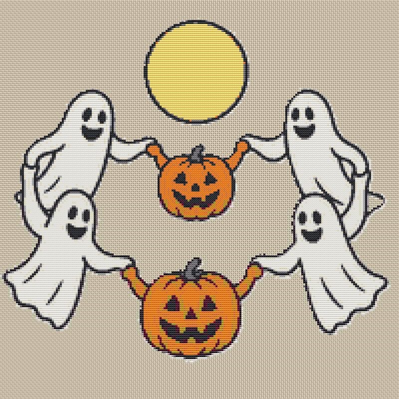 Ghosts And Pumpkins Dance Under The Moon On Halloween Cross Stitch Pattern PDF Instant Download 0