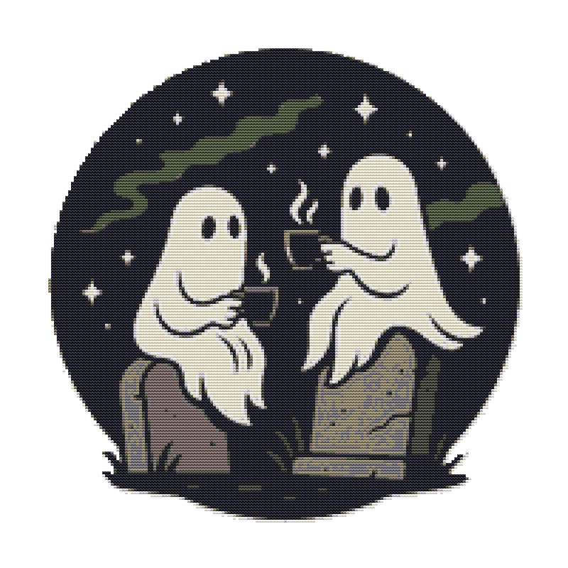 Ghosts And Tea For Halloween Cross Stitch Pattern PDF Instant Download 0
