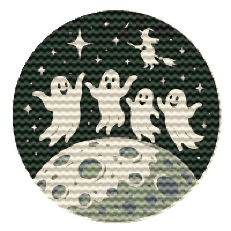 Ghosts Dancing On The Moon Halloween Cross Stitch Pattern PDF Instant Download 0