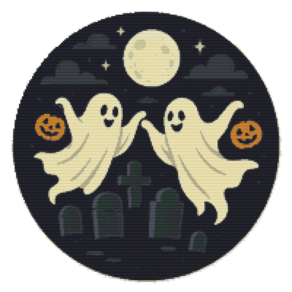White Ghosts Fly At Night On Halloween Cross Stitch Pattern PDF Instant Download 0