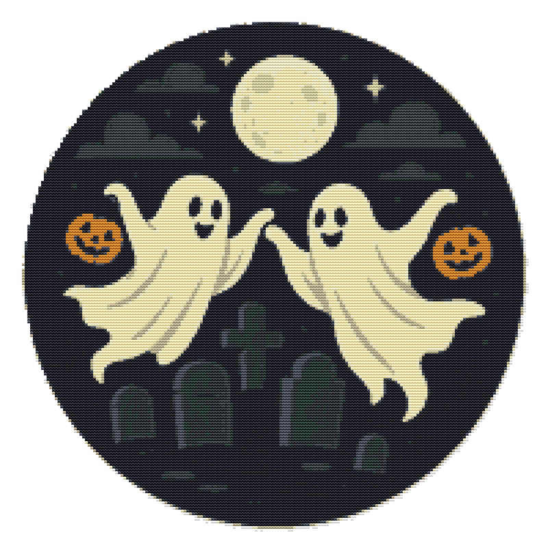 White Ghosts Fly At Night On Halloween Cross Stitch Pattern PDF Instant Download 0