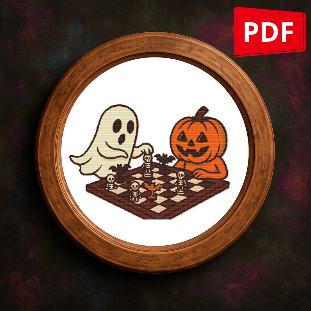 Halloween Ghost And Pumpkin Playing Chess  Cross Stitch Pattern PDF  Instant Download 0
