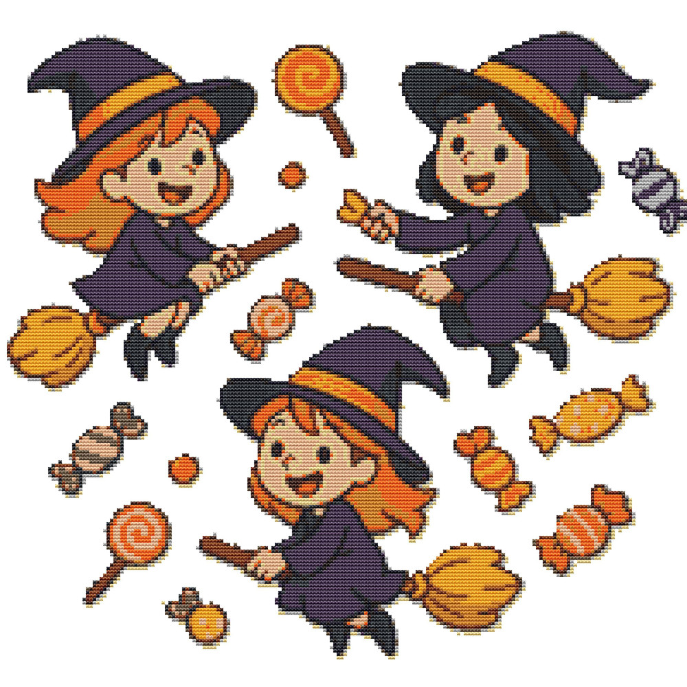 Little Witches And Candies For Halloween  Cross Stitch Pattern PDF  Instant Download 0