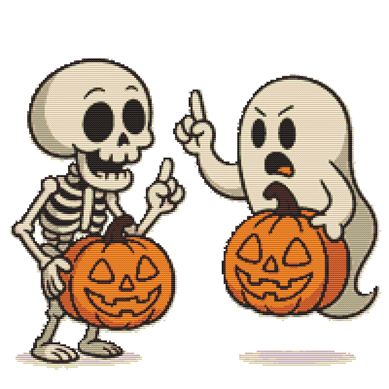 Pumpkin And Skeleton Argue On Halloween  Cross Stitch Pattern PDF  Instant Download 0