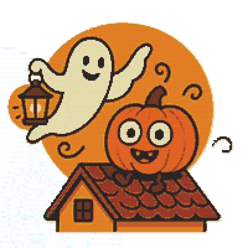 Pumpkin On The Roof For Halloween Cross Stitch Pattern PDF Instant Download 0