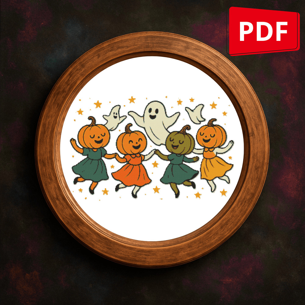 Pumpkins And Ghosts Dance On Halloween  Cross Stitch Pattern PDF  Instant Download 0