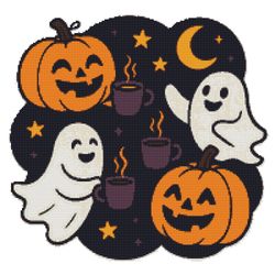 pumpkins and ghosts drink tea on halloween - cross stitch pattern pdf - instant download