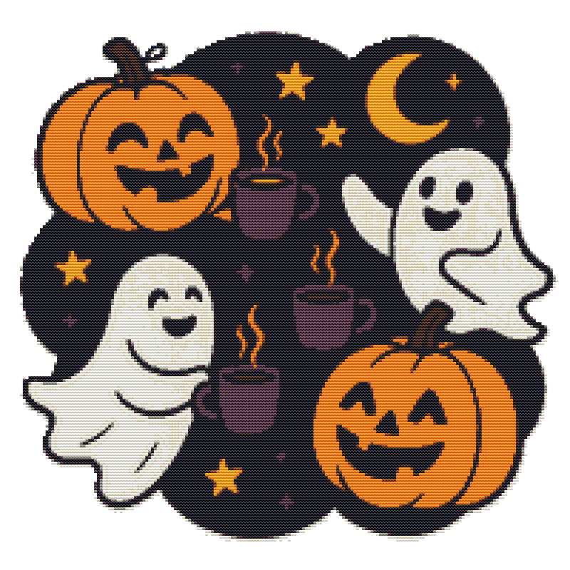 Pumpkins And Ghosts Drink Tea On Halloween Cross Stitch Pattern PDF Instant Download 0