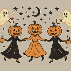 pumpkins dance on halloween in dresses - cross stitch pattern pdf - instant download