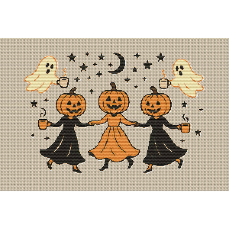 Pumpkins Dance On Halloween In Dresses Cross Stitch Pattern PDF Instant Download 0