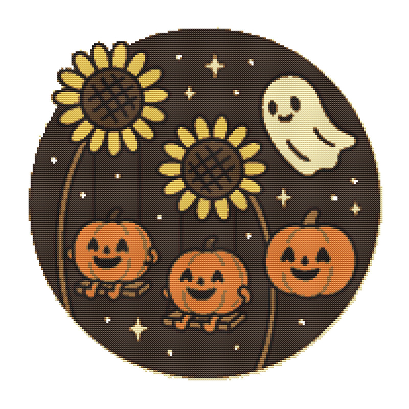 Pumpkins On A Swing With Sunflowers For Halloween  Cross Stitch Pattern PDF  Instant Download 0