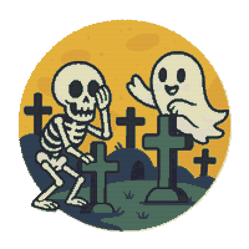Skeleton And White Ghost Halloween Cross Stitch Pattern PDF Instant Download 0