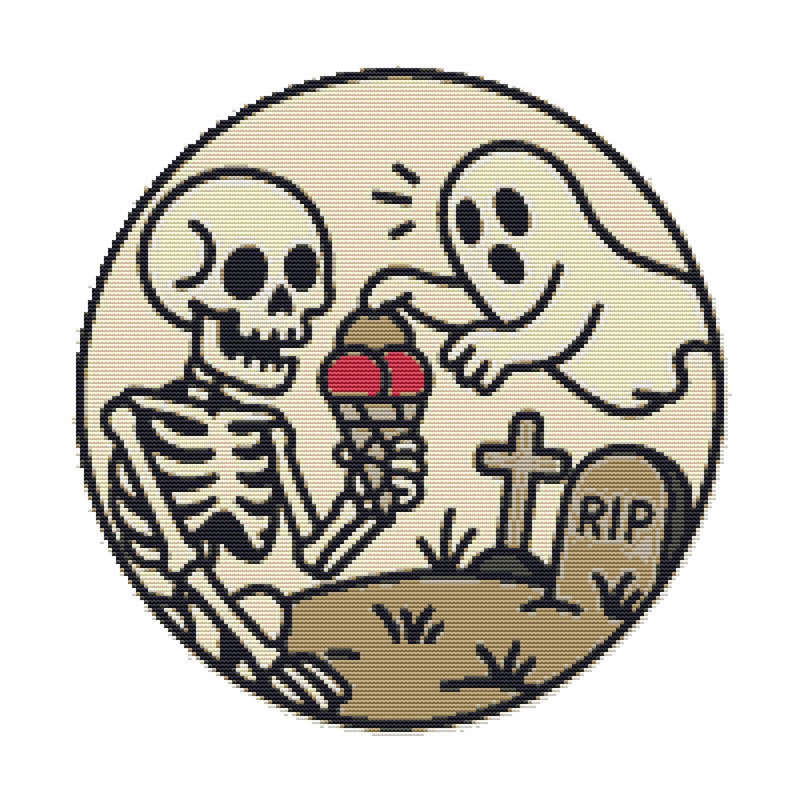 Skeleton Eating Ice Cream On Halloween Cross Stitch Pattern PDF Instant Download 0