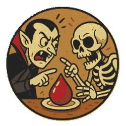 vampire and skeleton argue over a drop of blood on halloween - cross stitch pattern pdf - instant download