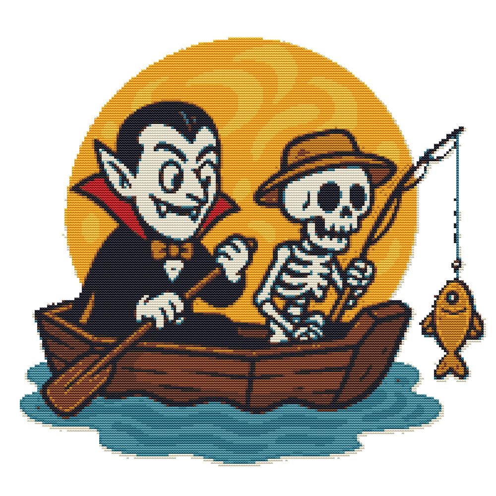 Vampire And Skeleton Go Fishing For Halloween  Cross Stitch Pattern PDF  Instant Download 0