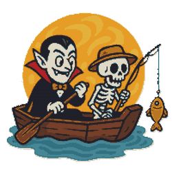 vampire and skeleton go fishing for halloween - cross stitch pattern pdf - instant download